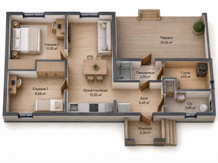 Карелия 67 м² Сауна